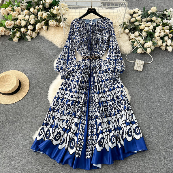 Floral Printed High-waist Pleated Dress
