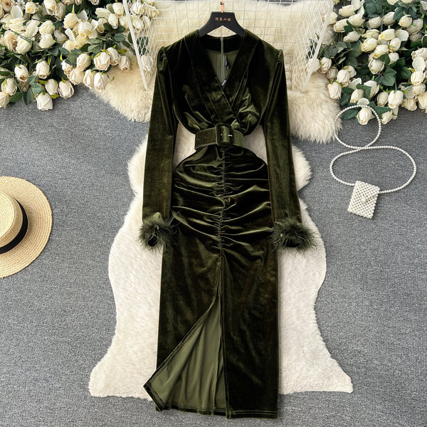 V-neck Slim-fitting Suede Split Dress