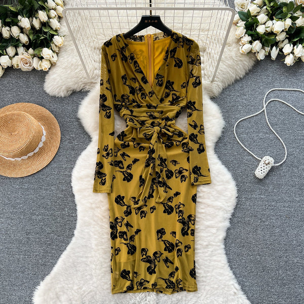 Elegant Lace-up Floral Printed Dress