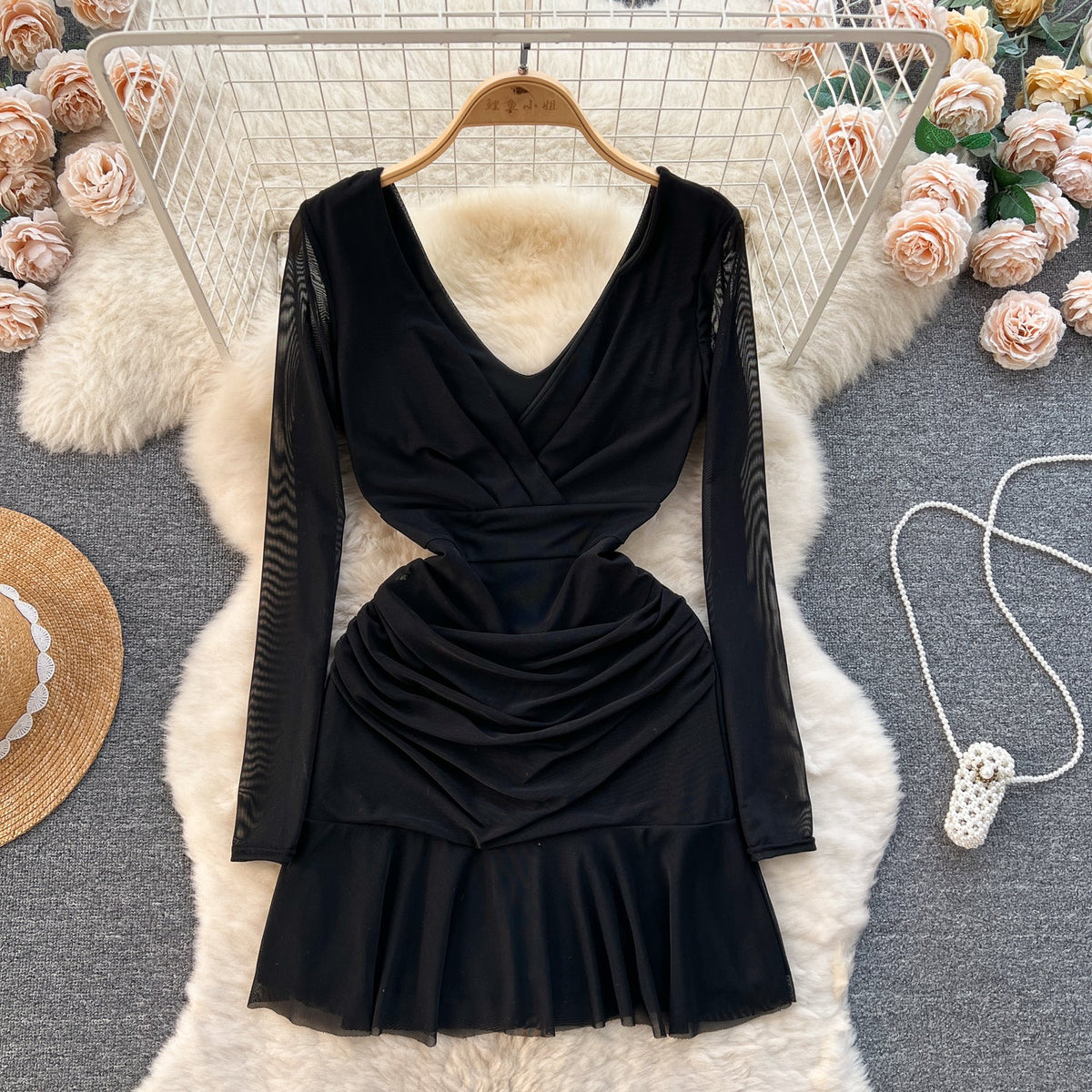 V-neck Pleated Mesh Short Dress