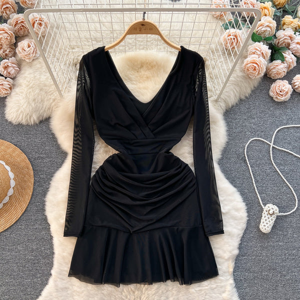 V-neck Pleated Mesh Short Dress