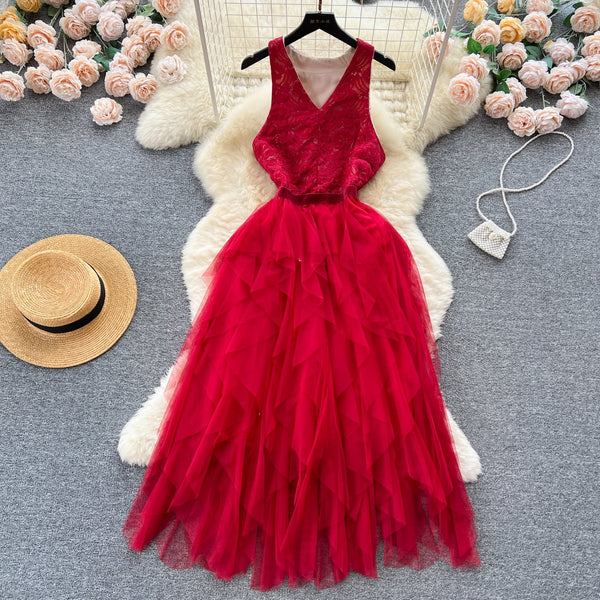V-neck Mesh Patchwork Puffy Dress