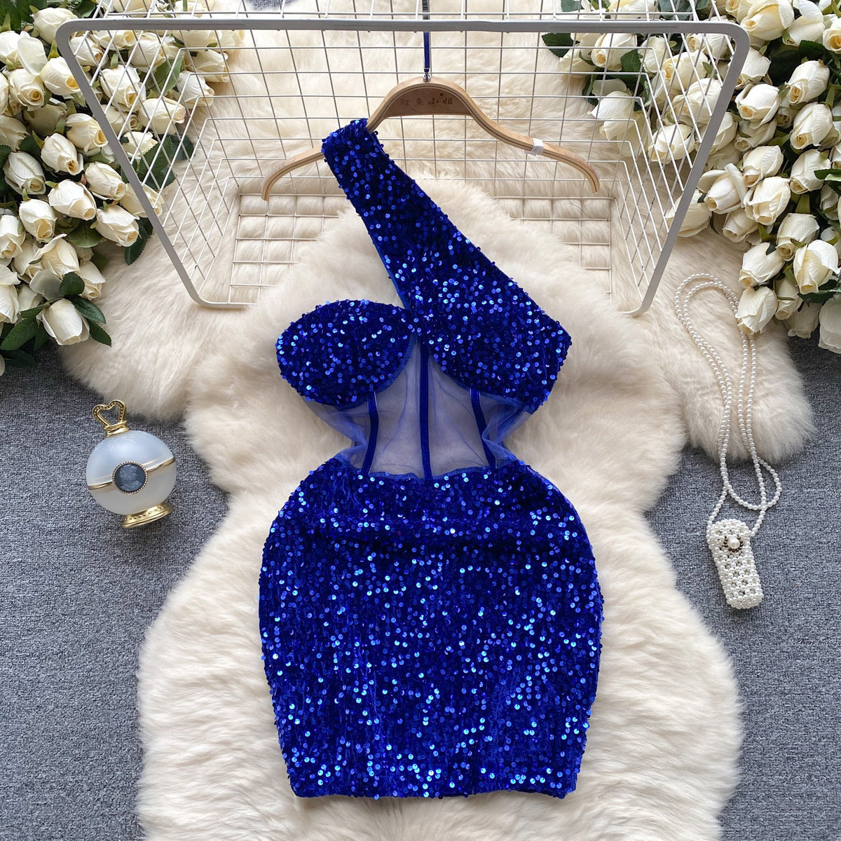 Slant Shoulder Sequin Mini Party Dress