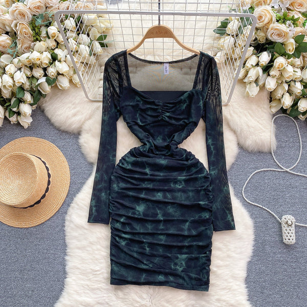 Square Neckline Printed Pleated Dress