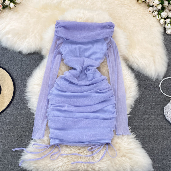 Off-shoulder Ruffled Drawstring Mesh Dress