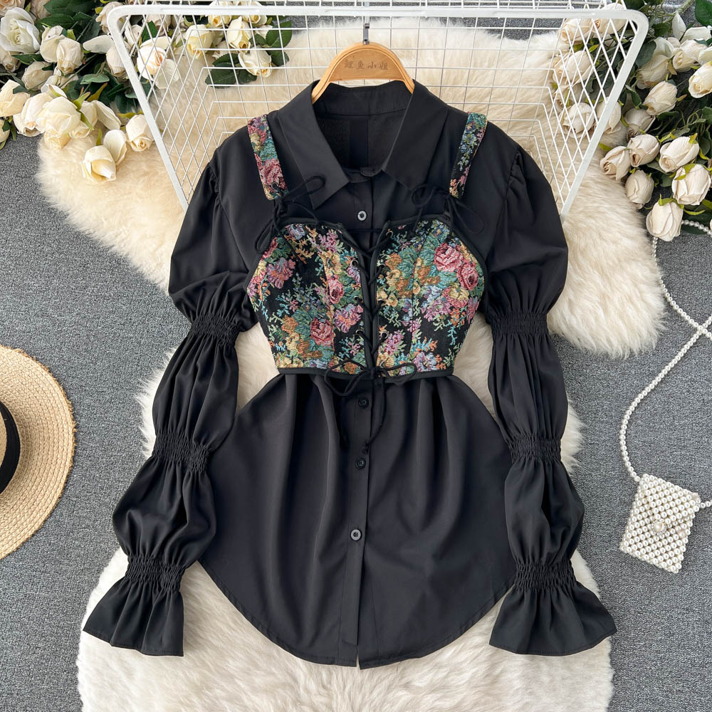 White Shirt Dress&Floral Camisole 2PCs