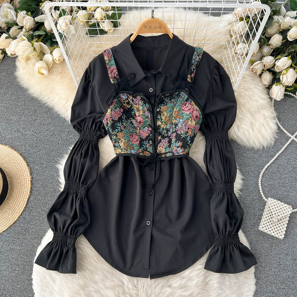 White Shirt Dress&Floral Camisole 2PCs