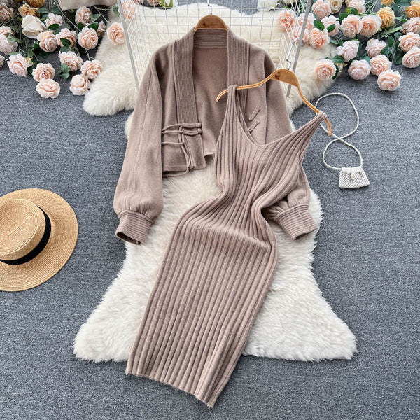 Cardigan Shawl&Halter Dress 2Pcs Set