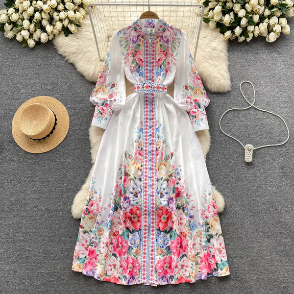 Courtly Flared Sleeve Floral Dress
