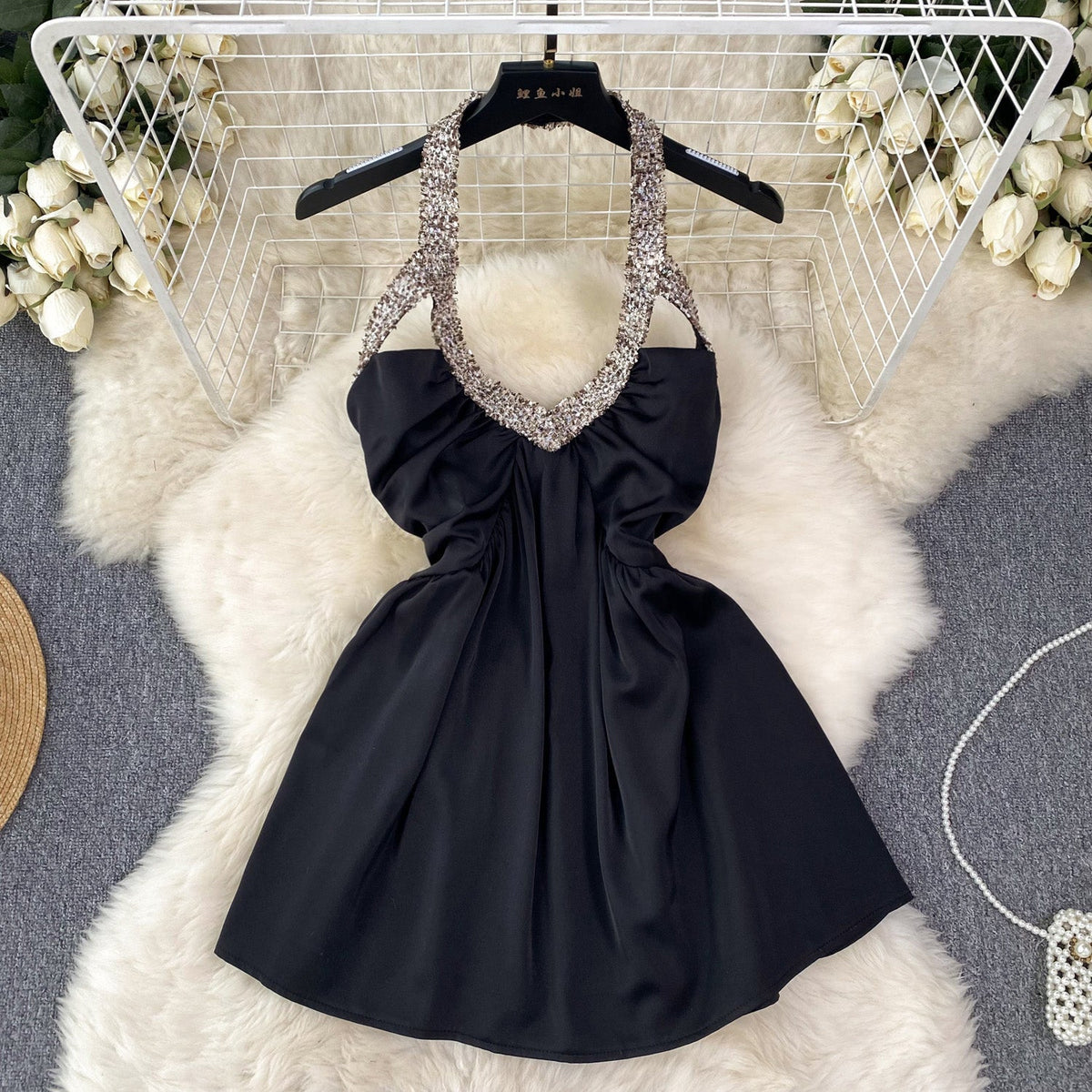 Sequin Backless Satin Halter Dress