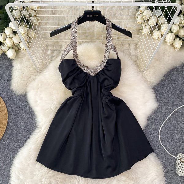 Sequin Backless Satin Halter Dress