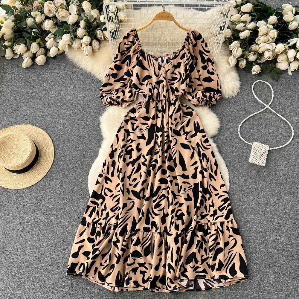 Square Neck Bubble Sleeve Floral Dress