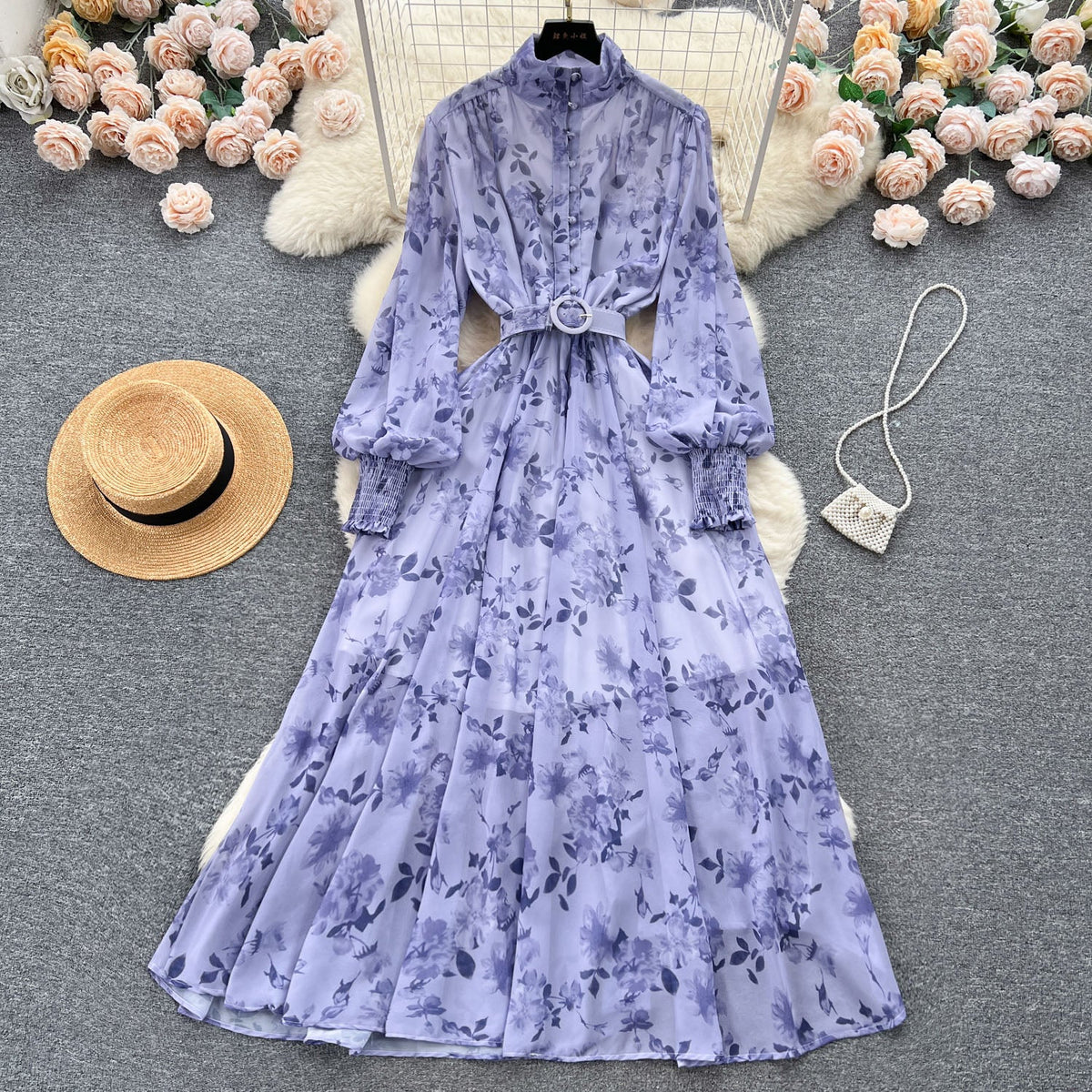 Stand Collar Floral Chiffon Dress