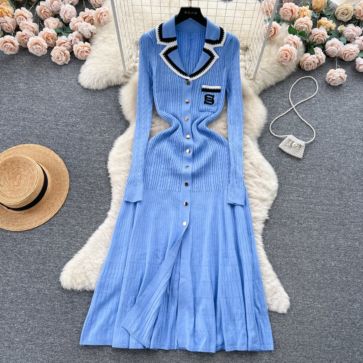 Color Blocking Embroidery Knitted Dress