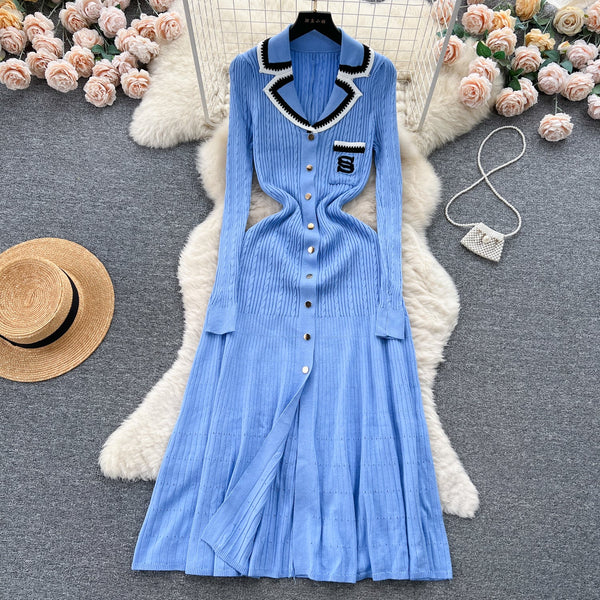 Color Blocking Embroidery Knitted Dress