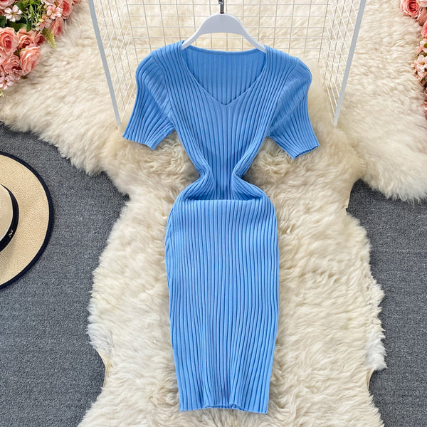 Solid Color V-neck Knitted Dress