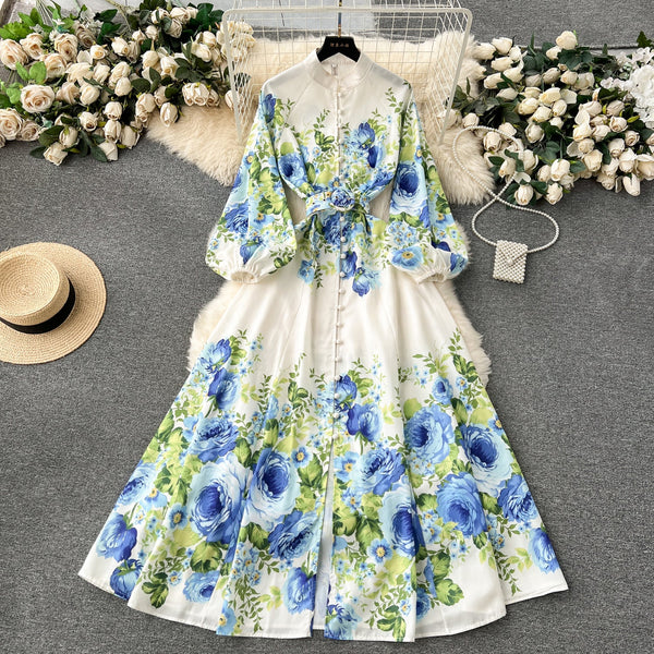 French Style Puffy Sleeve Floral Dress
