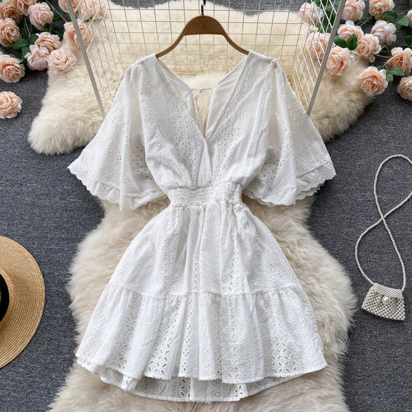 Cut-out Hollowed Puff Sleeve Dress