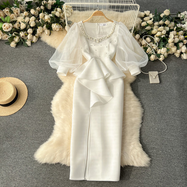 Vintage Beaded Ruffled Split Dress