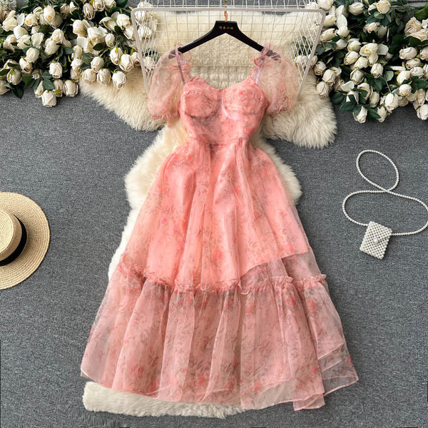 Bubble-sleeve Floral Organza Puffy Dress