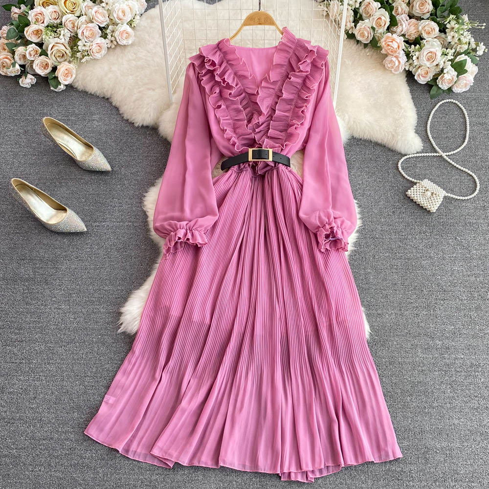 Vintage Ruffle Puffy Sleeve Pleated Dress