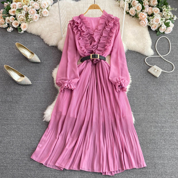 Vintage Ruffle Puffy Sleeve Pleated Dress