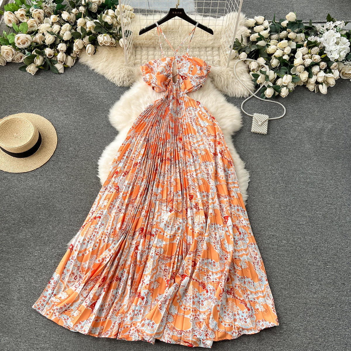 Niche Hollowed Pleated Halter Dress