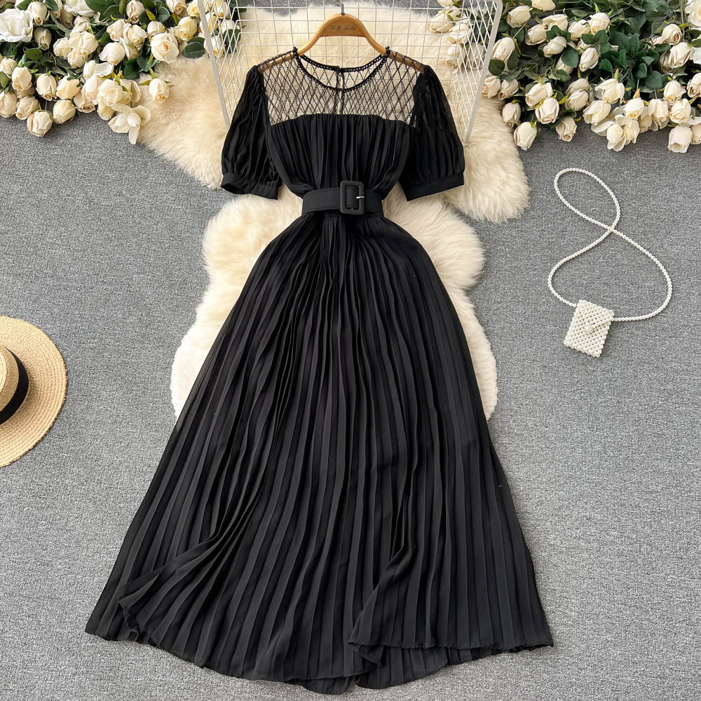 High Waist Tied Chiffon Pleated Dress