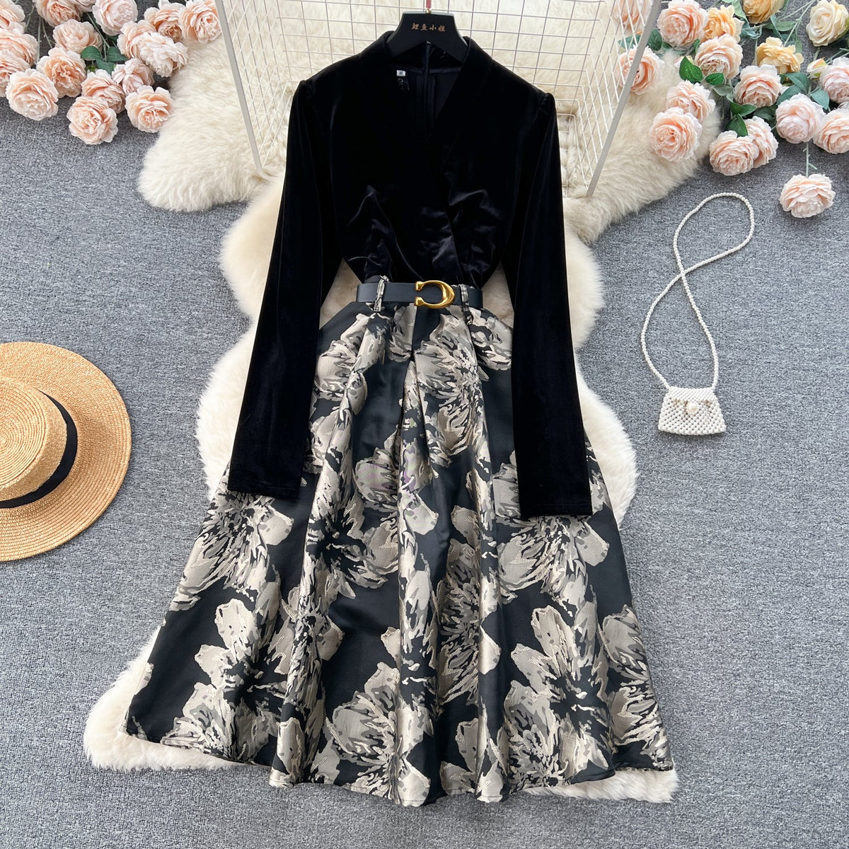 Courtly Gold Velvet Jacquard Floral Dress
