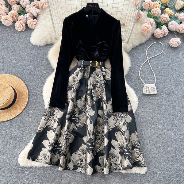 Courtly Gold Velvet Jacquard Floral Dress