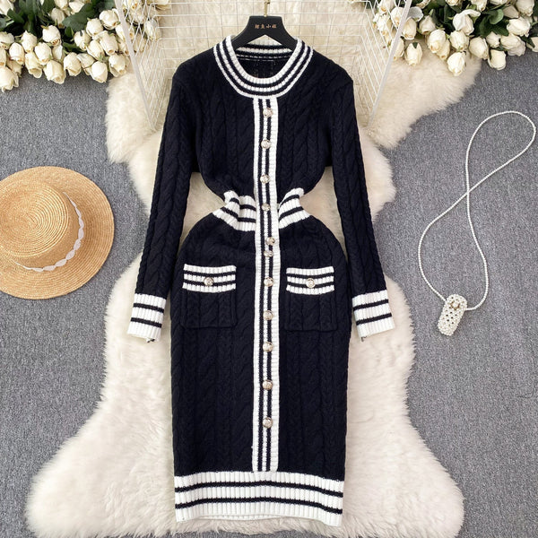 Vintage Color Blocking Striped Knitted Dress