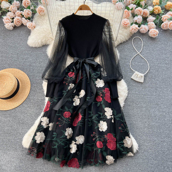 Floral Mesh Patchwork Black Dress