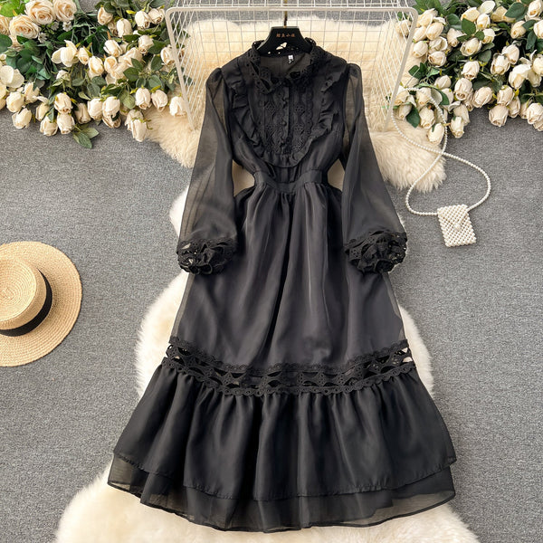 French Style Hollowed Patchwork Shirt Dress