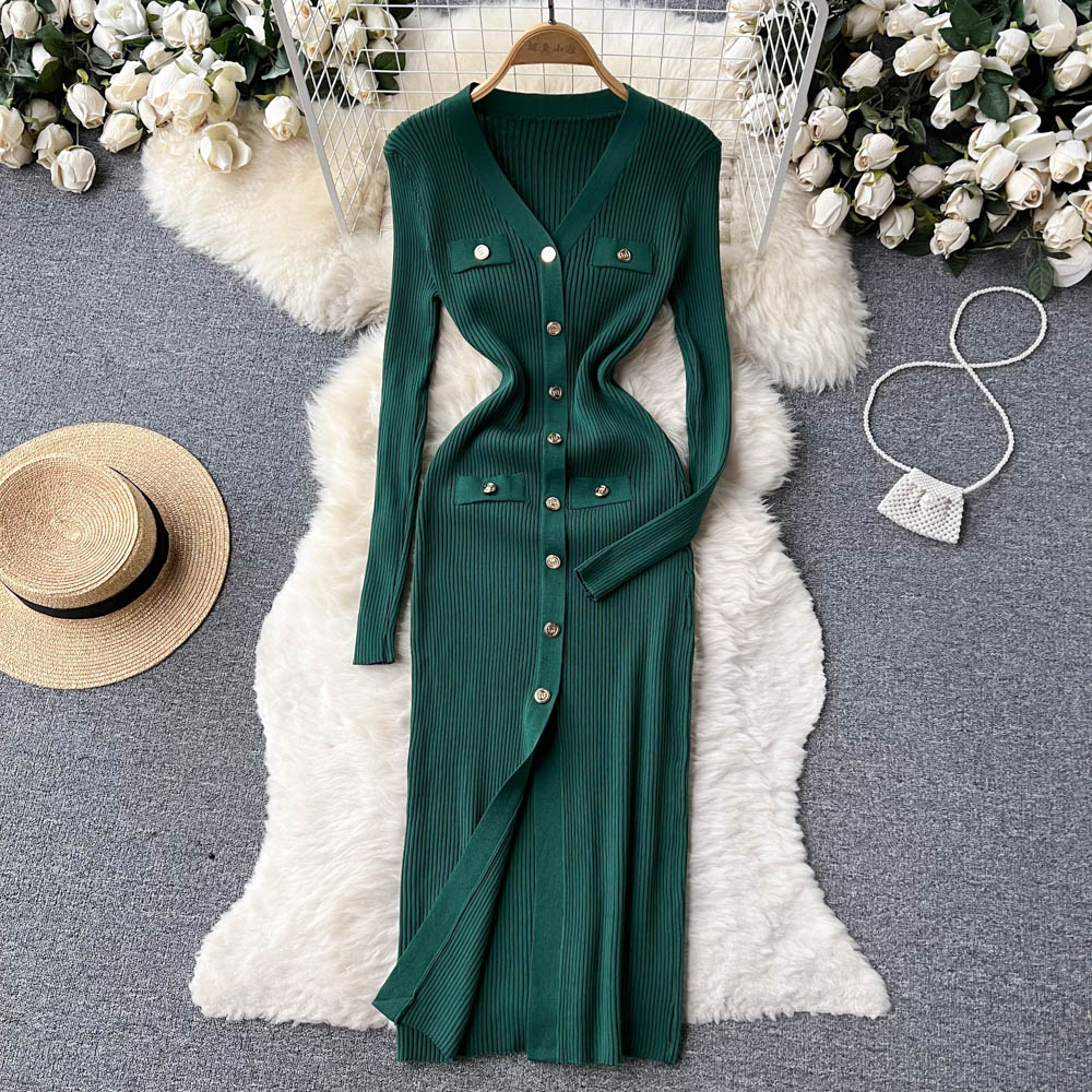 Elegant V-neck Long Sleeve Knitted Dress