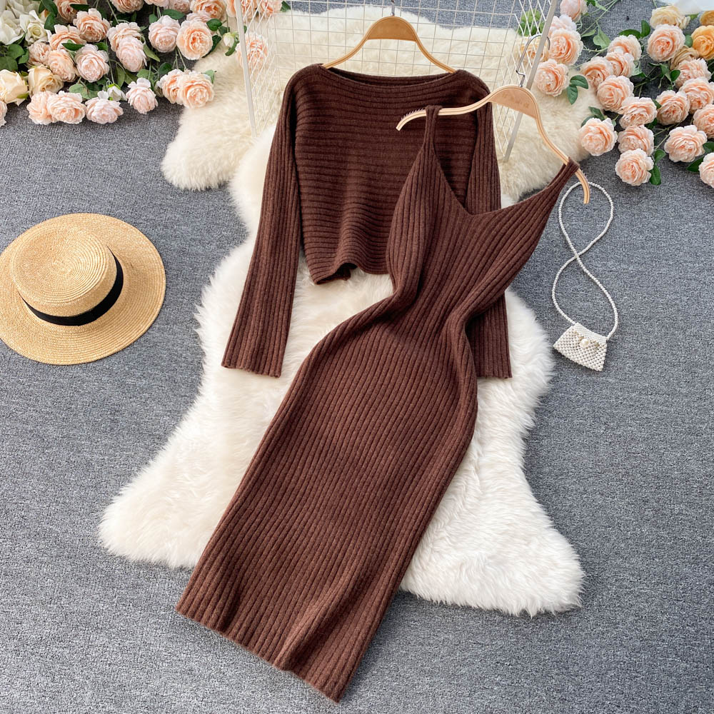 Chic Jersey&Halter V-neck Dress 2Pcs