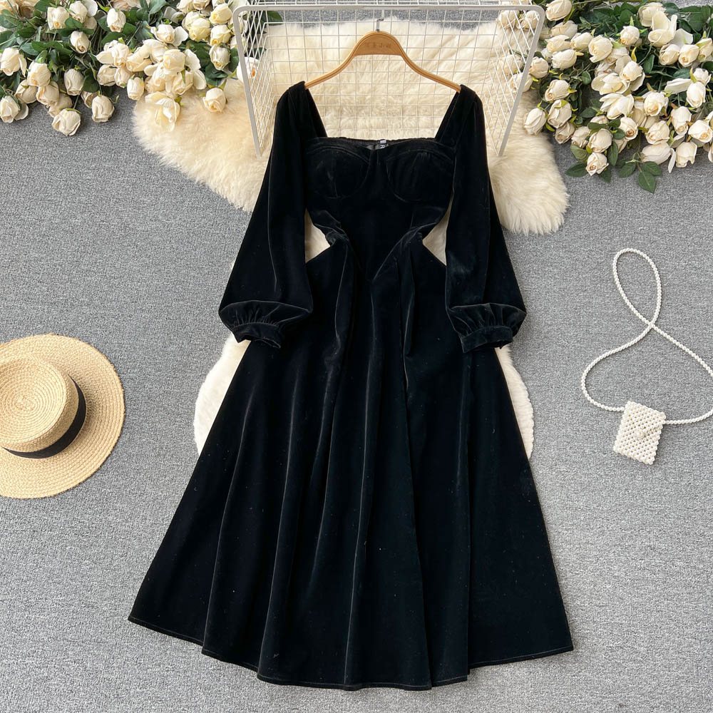 Square Collar Solid Suede Dress