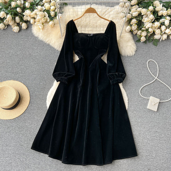 Square Collar Solid Suede Dress