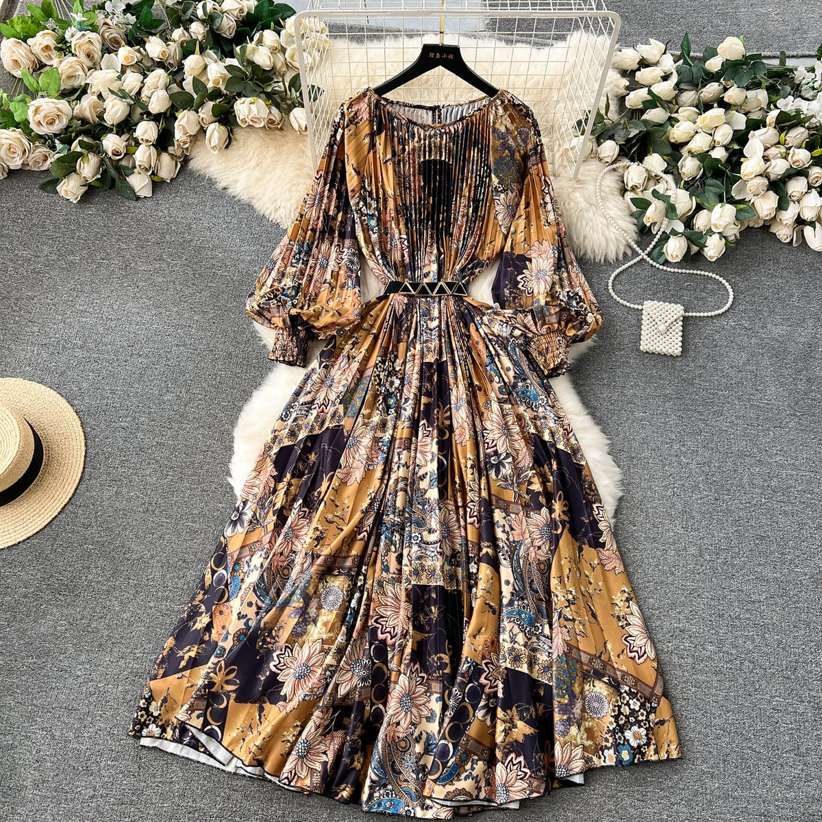 Puffy Sleeve Pleated Printed Dress