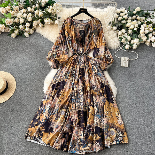 Puffy Sleeve Pleated Printed Dress