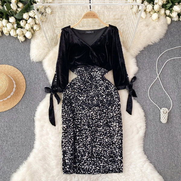 Elegant Sequin Patchwork Velvet Dress