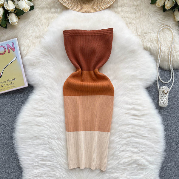 Color Blocking Knitted Hip-wrapping Dress