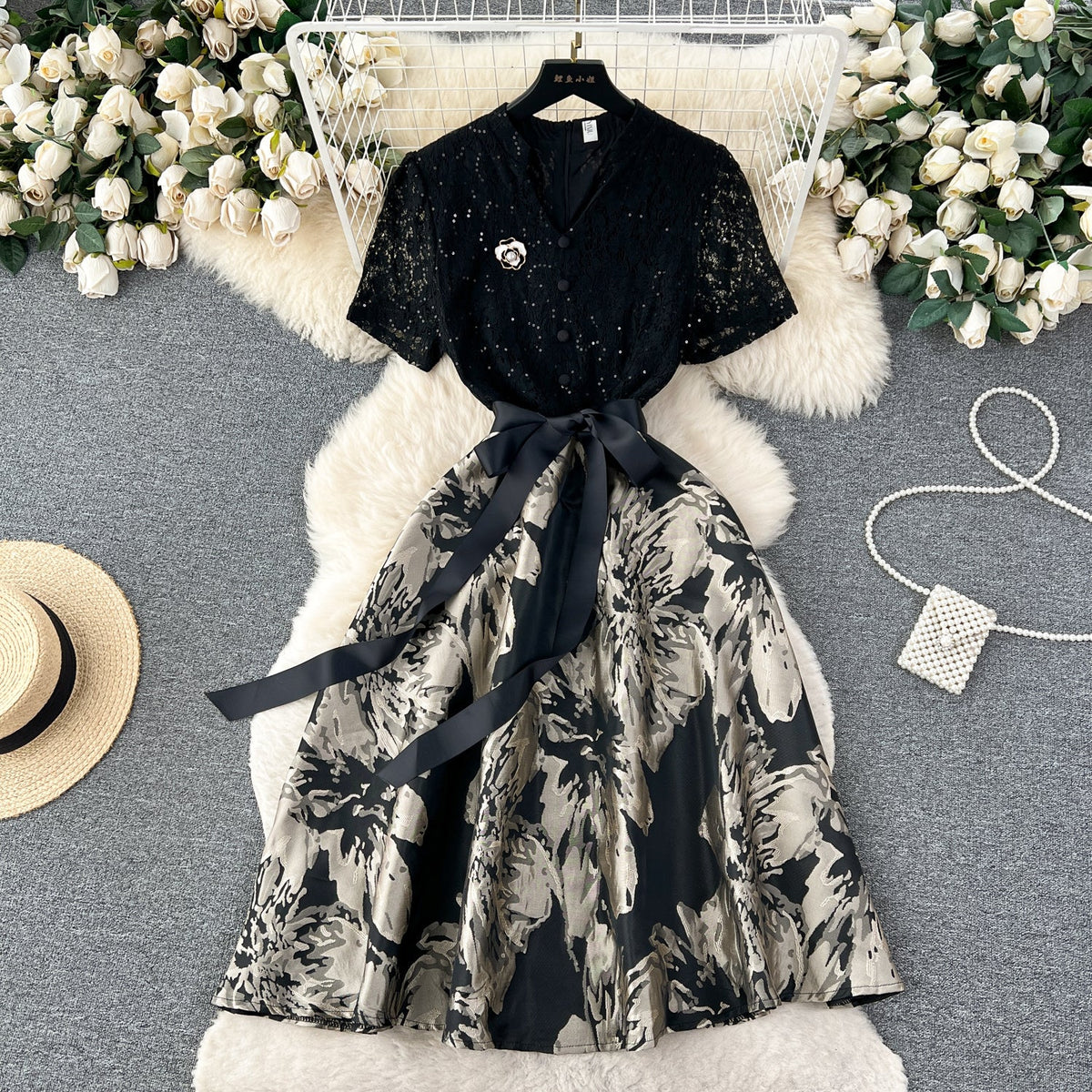 Elegant Hollowed Patchwork Lace Dress