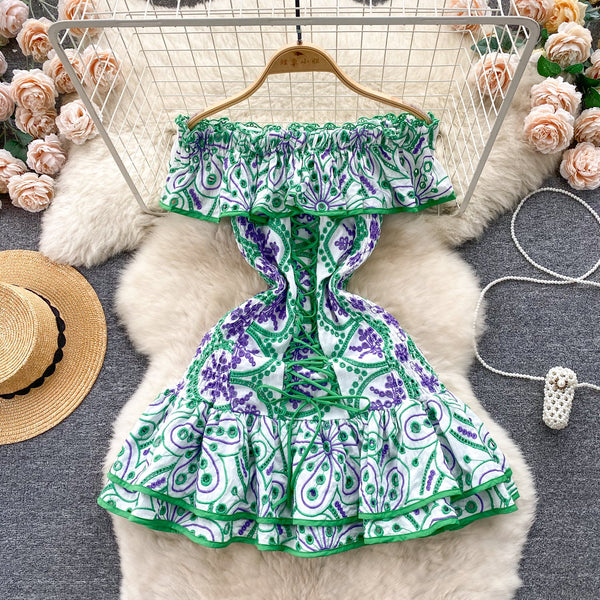 Off-shoulder Ruffled Printed Dress