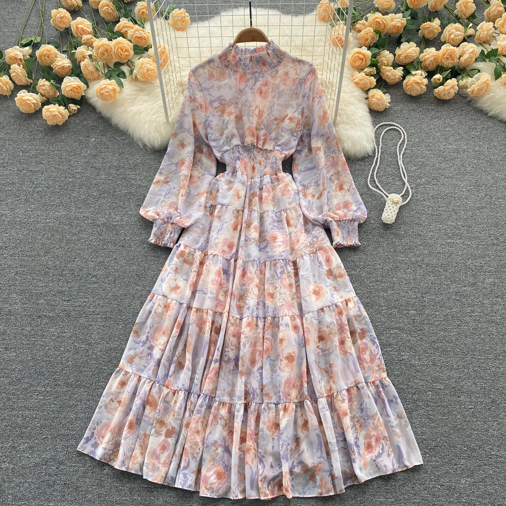 Stand Collar Floral Shirt Dress