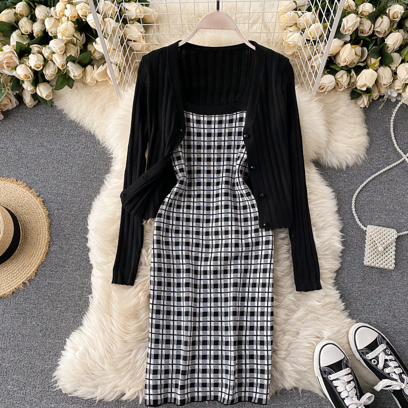 Knitted Cardigan&Plaid Dress 2Pcs