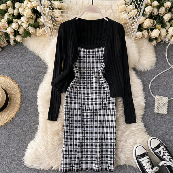 Knitted Cardigan&Plaid Dress 2Pcs
