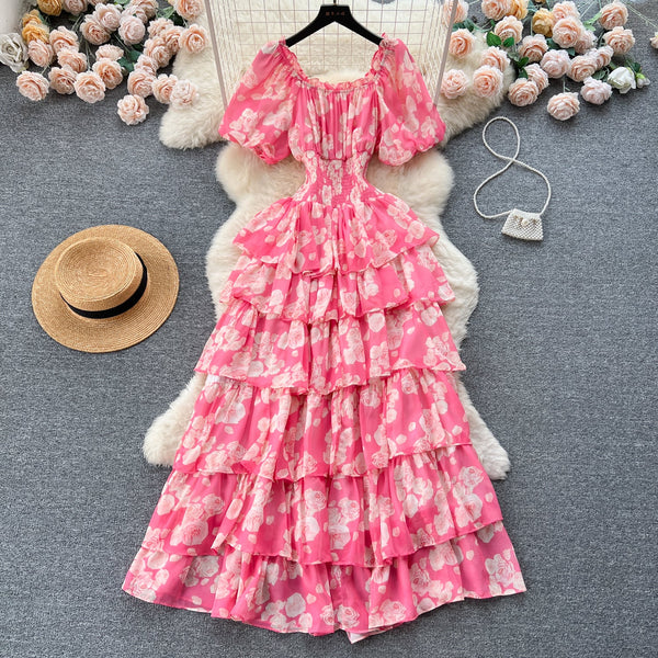 Vintage Puffy Sleeve Floral Cake Dress