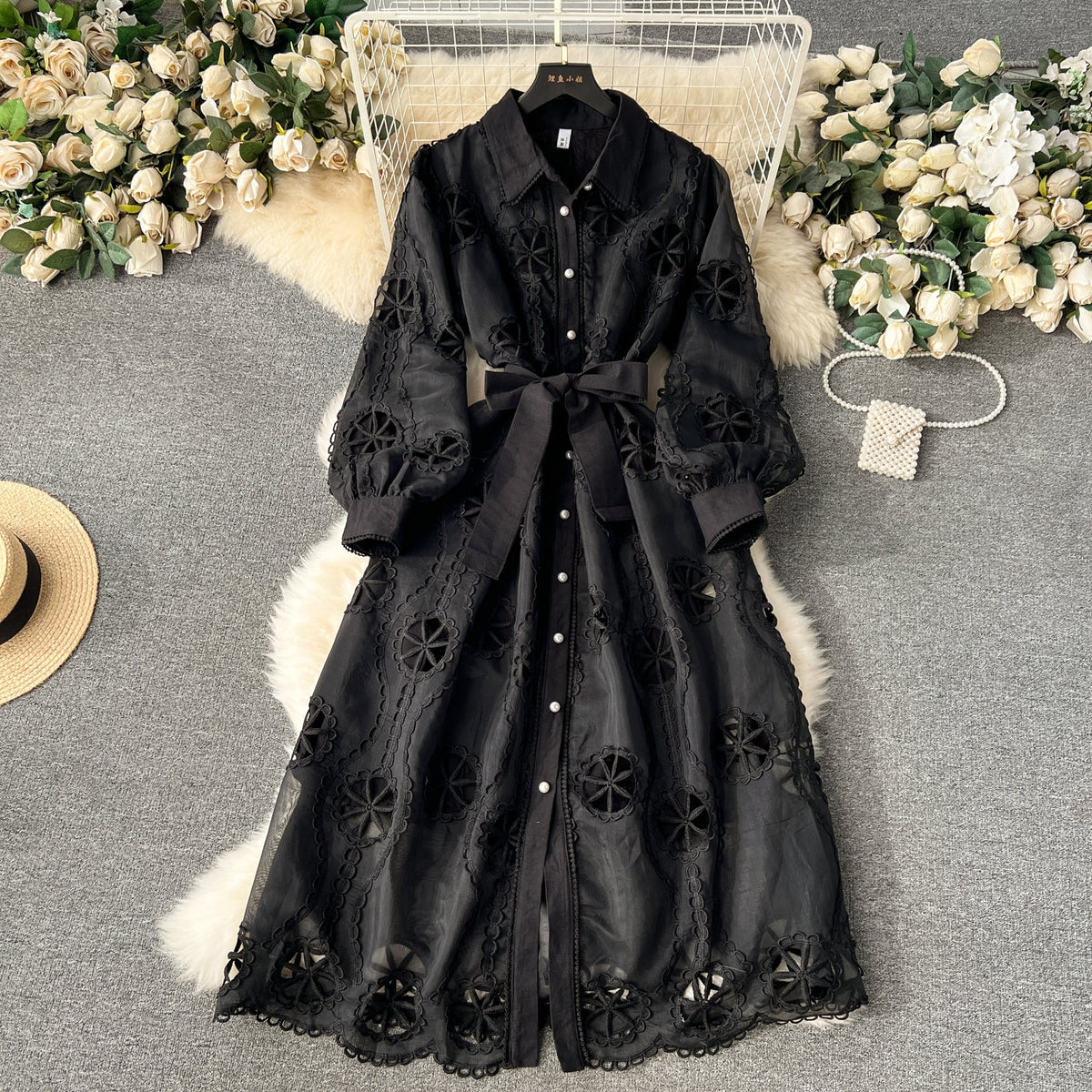 Courtly Hollowed Embroidery Shirt Dress