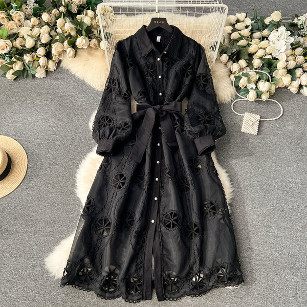 Courtly Hollowed Embroidery Shirt Dress
