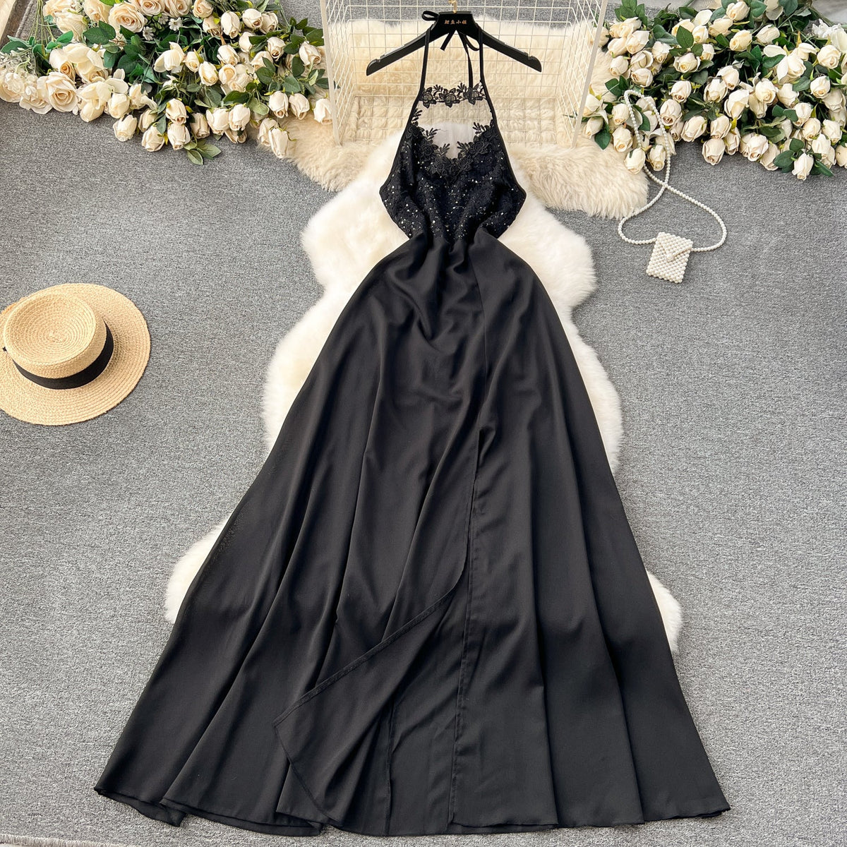 Embroidered Backless Split Halter Dress